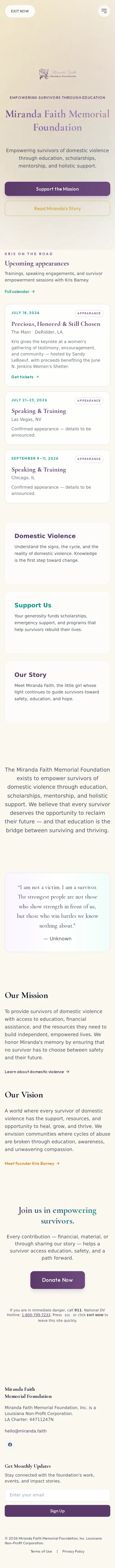 Full-length Miranda Faith Memorial Foundation homepage on iPhone